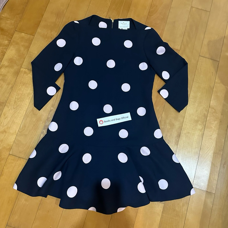 [Size S] Kate Spade Navy Pink Polka dot Dress เดรสสั้น แขนสามส่วน ลายจุด สีน้ำเงิน ชมพู