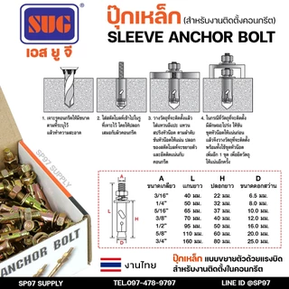SUG พุกเหล็ก ชุบรุ้ง หกเหลี่ยมมีเขี้ยว ขนาด 3/16", 1/4", 5/16", 3/8",1/2" และ 5/8" พุ๊ก ปุ๊ก Sleeve Anchor Bolt-ราคา1ตัว