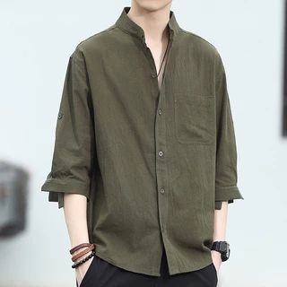 เสื้อเชิ้ตผู้ชาย เสื้อคอจีนผู้ชาย ผ้าฝ้าย และผ้าลินิน ระบายอากาศดี แบบบาง คอปก แบบเรียบง่าย