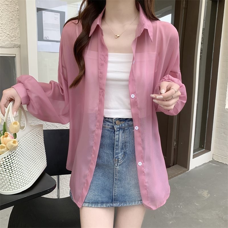 เสื้อเชิ้ตผู้หญิง แขนยาว เสื้อคลุมกันแดด สีพื้น ผ้าเบาบาง ผ้าชีฟอง ใส่คลุมสบาย