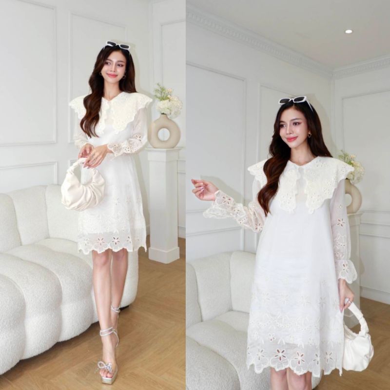 ป้าย NT Princess เดรสสั้นลูกไม้ปักฉลุสีขาว ทรงปล่อย คอปกใหญ่ แขนยาว สวยมาก ลุคคุณหนู