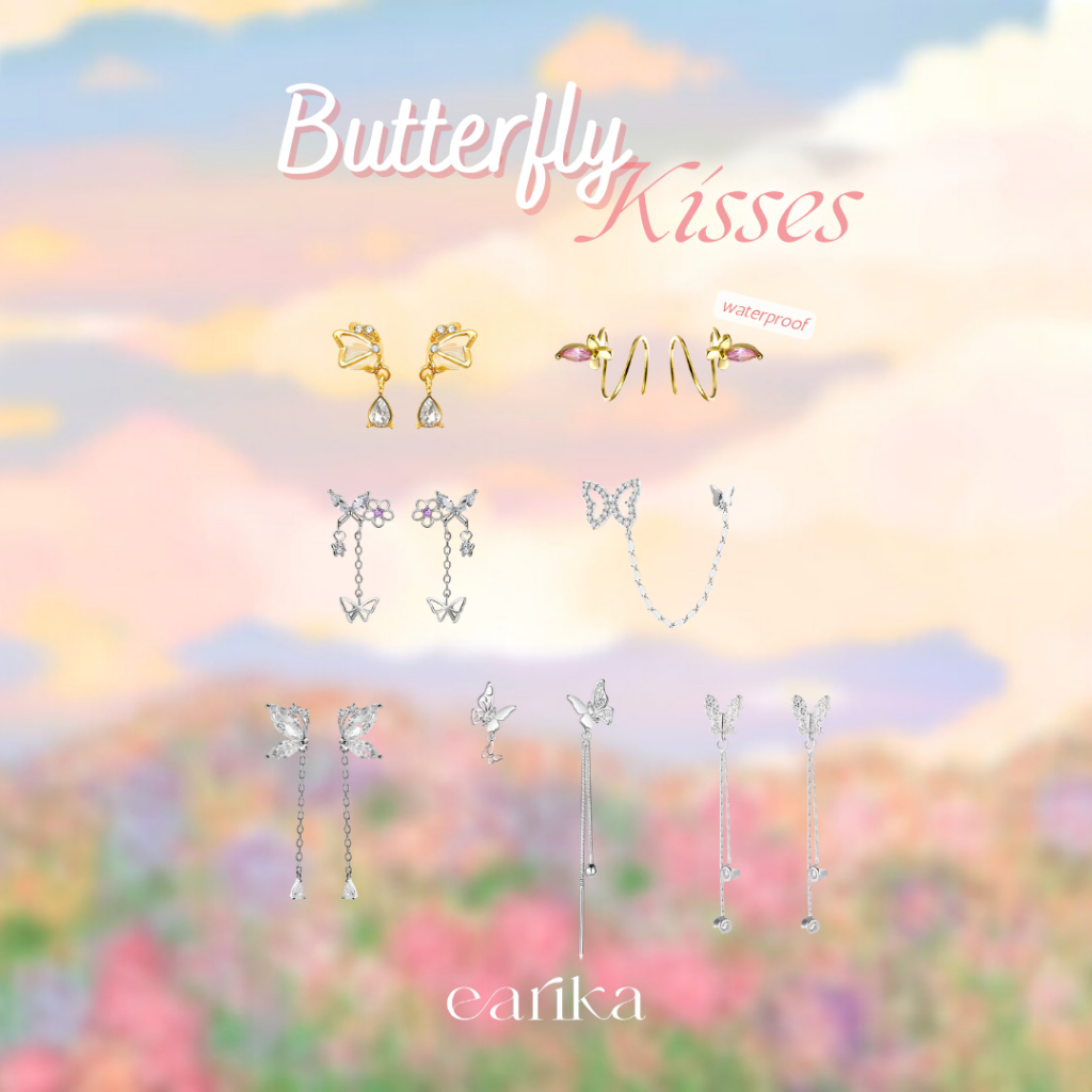 earika.earrings - butterfly kisses collection ต่างหูผีเสื้อห้อยประดับเพชรก้านเงินแท้ชุบทองคำขาว/ทอง ผิวแพ้ง่ายใส่ได้