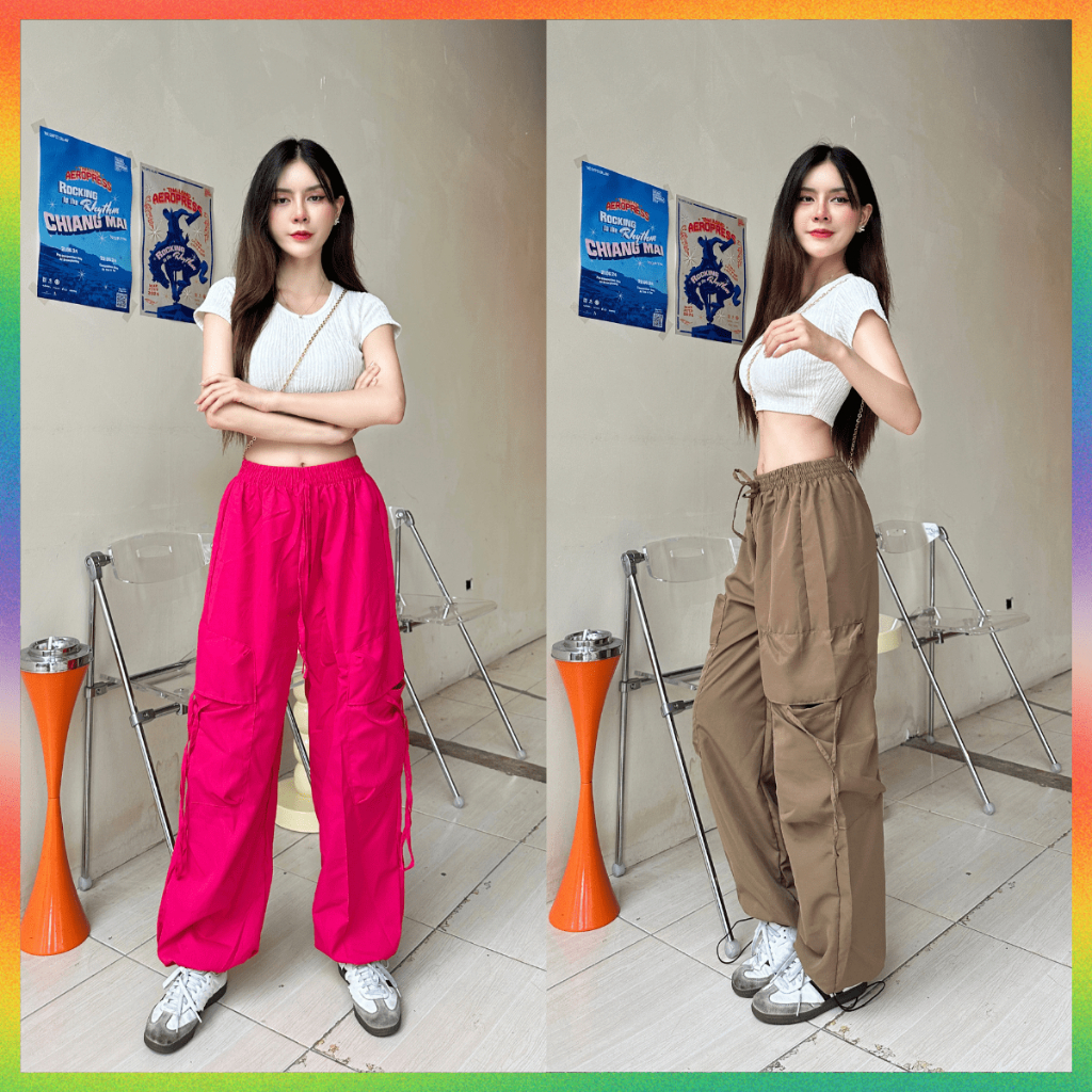 MesubShop กางเกงกระบอก กางเกงคาร์โก้ มีเชือกรูดขา เอวยางยืดใส่สบาย กระเป๋าใช้งานได้จริง แต่งแมตช์ลุค รุ่น คาเฟอีน