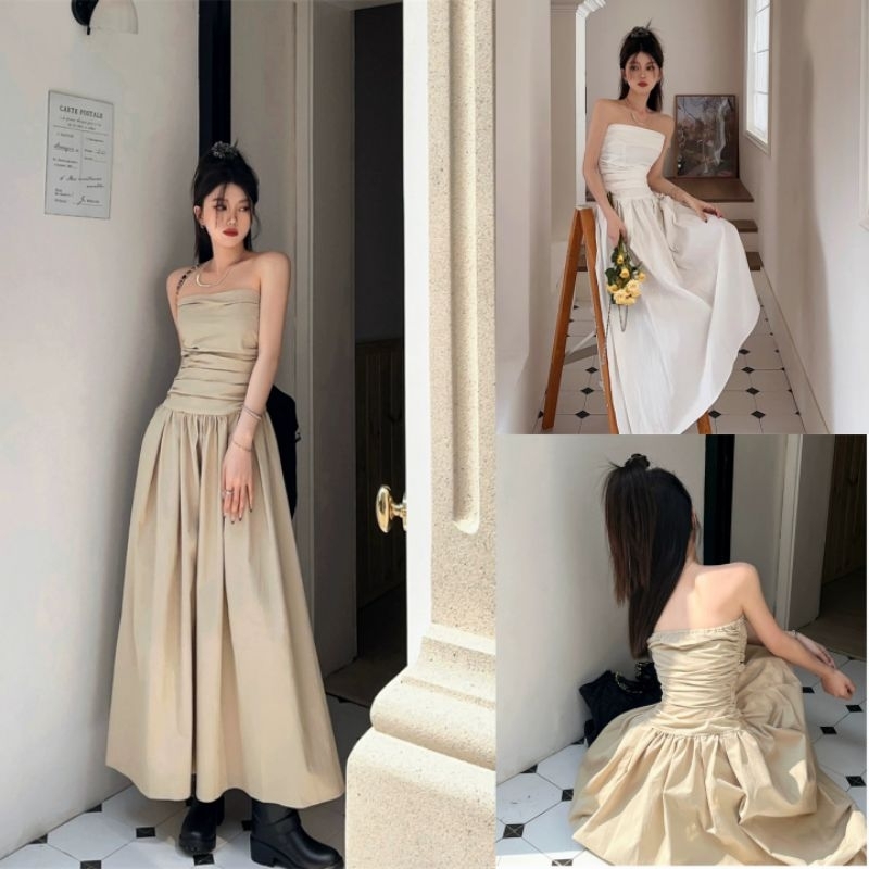 D073 พร้อมส่ง 2สี ขาว,ชานม เดรสยาวเกาะอก เดรสยาวไปทะเล