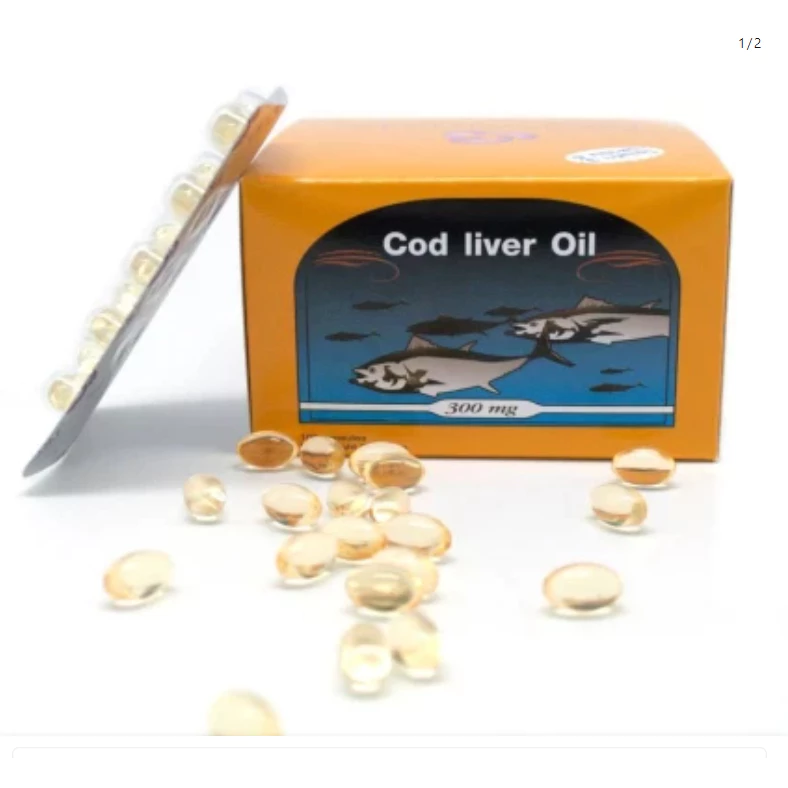 Cod liver Oil น้ำมันตับปลา บำรุงสมอง บำรุงเส้นขนและผิวหนัง สายตา สุนัข แมว ไก่ สัตว์เล็ก 1 กล่องมี 100เม็ด