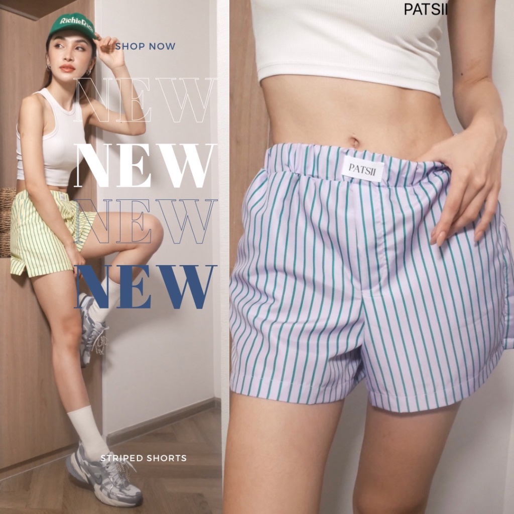 พร้อมส่ง กางเกงขาสั้นลายริ้ว
