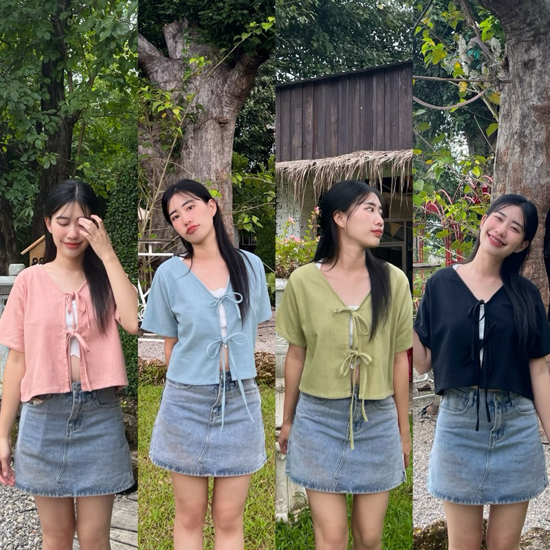 Kwan เสื้อแขนสั้นคอวีผ่าหน้าผูกเชือกผ้าฝ้าย
