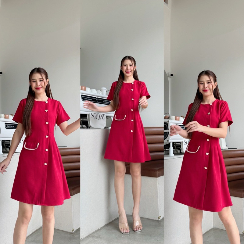 C90-เดรสแขนสั้นติดกระดุมหัวใจ แต่งจีบกระโปรงด้านข้าง detail กุ้นขอบฝากระเป๋า กระเป๋าใช้ได้จริงป้ายlalarlan - รูปที่ 2