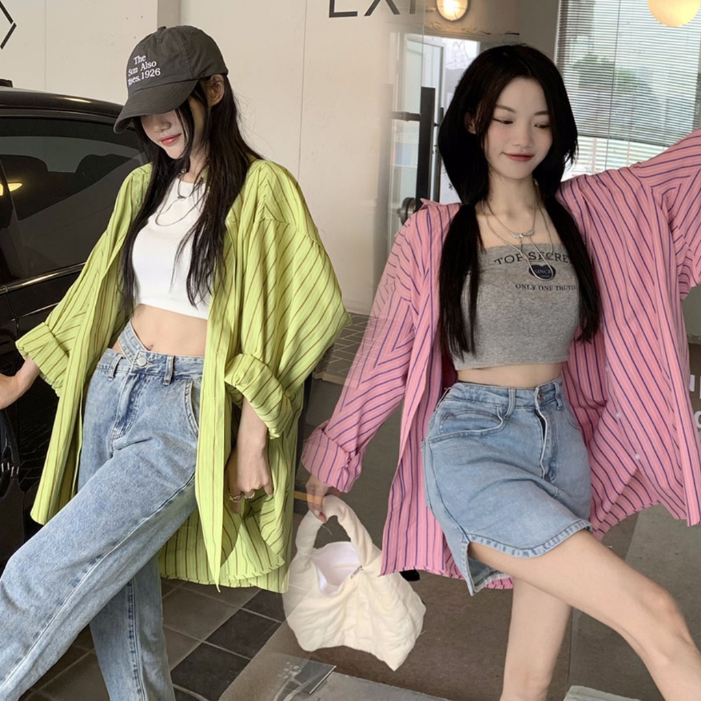 KOKO W400 เสื้อเชิ้ตลายทางผู้หญิง ปกโปโล แฟชั่น เสื้อสีชมพูแขนยาว ลำลอง ใหม่หลวมสไตล์เกาหลีบางป้องกันแสงแดด