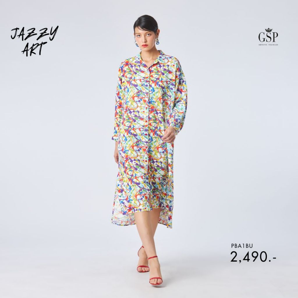 GSP เชิ๊ตเดรส แจ๊สซี่ อาร์ต ทรงหลวม แขนยาว สีสดใส PBA1BU