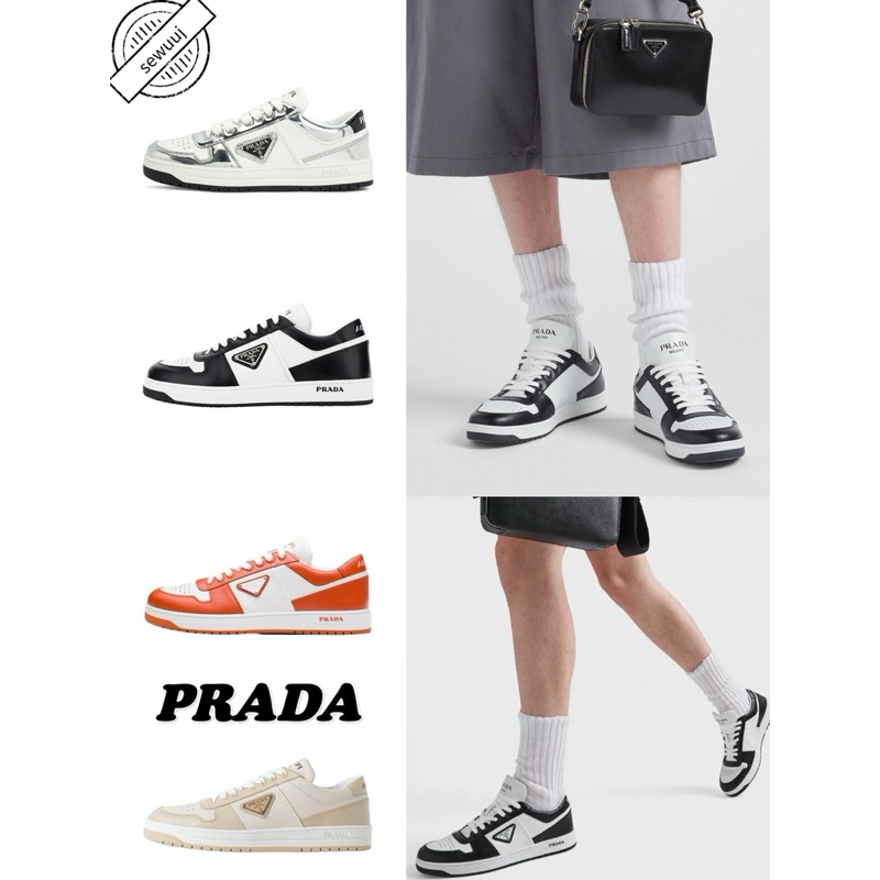 รองเท้าผ้าใบแฟชั่น PRADA Prada Downtown หนังผูกเชือก Low Topped ของแท้