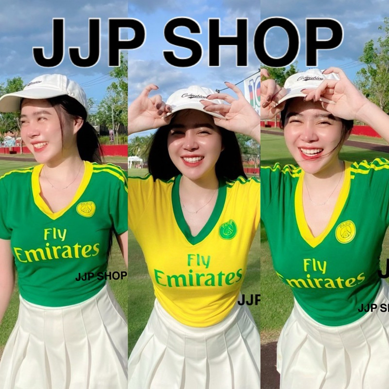 เสื้อบอลครอปแขนสั้น จั้มเอว ลายใหม่ล่าสุด fly emirate โทนเขียวเหลือง ขับผิว สวยสุดๆ