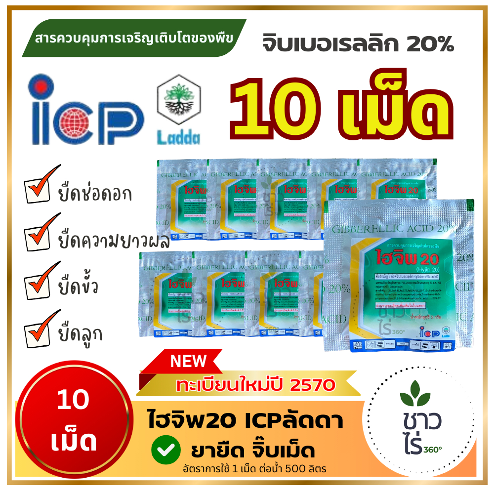 ไฮจิพ20 5ก.X10เม็ด ICPลัดดา จิบเบอเรลลิก20% จิ๊บเม็ด สารยืดลูกยืดช่อดอก ยืดลูกไม้ผล เร่งขยายเซลล์พืช