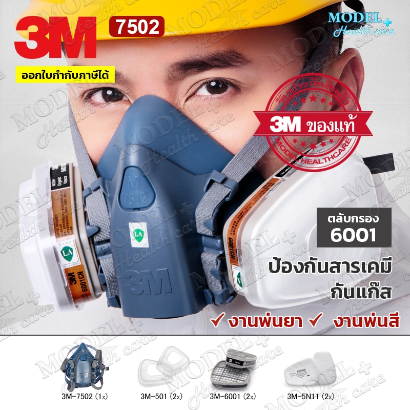 3M 7502 ตลับกรอง 6001 (ครบชุด) หน้ากากป้องกันสารเคมี สำหรับงานพ่นยา งานพ่นสีรถ ✅