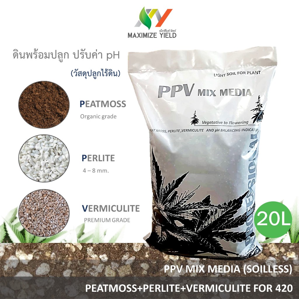 Maximize Yields ดินปลูก PPV MIX MEDIA (20L) พีทมอสผสมเพอร์ไลท์ และเวอร์มิคูไลท์ ดินโปร่งสูตรพิเศษ