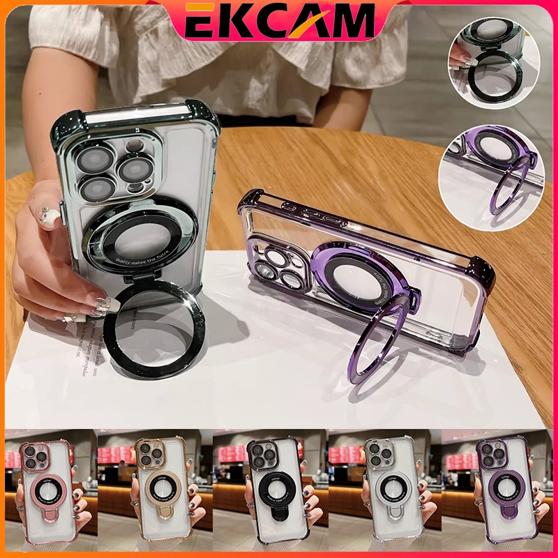 Ekcam 2in1 เคสไอโฟน เคสไอโฟนแบบมีขาตั้ง โชว์โลโก้ วงเล็บกลวง for 15 14 13 12 11 Pro Max Promax phone พร้อมฟิล์มเลนส์
