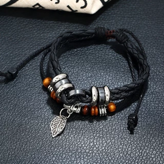 สร้อยข้อมือ กำไล ข้อมือ หนัง Multi-Layer Woven Leaf Pendant Men's Leather Bracelet Cross-Border