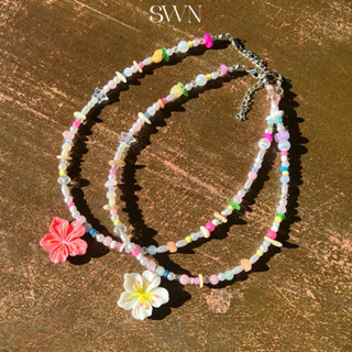 สร้อยคอลูกปัด จี้ดอกชบา รุ่น sea 🌸 แฮนด์เมด ( L )