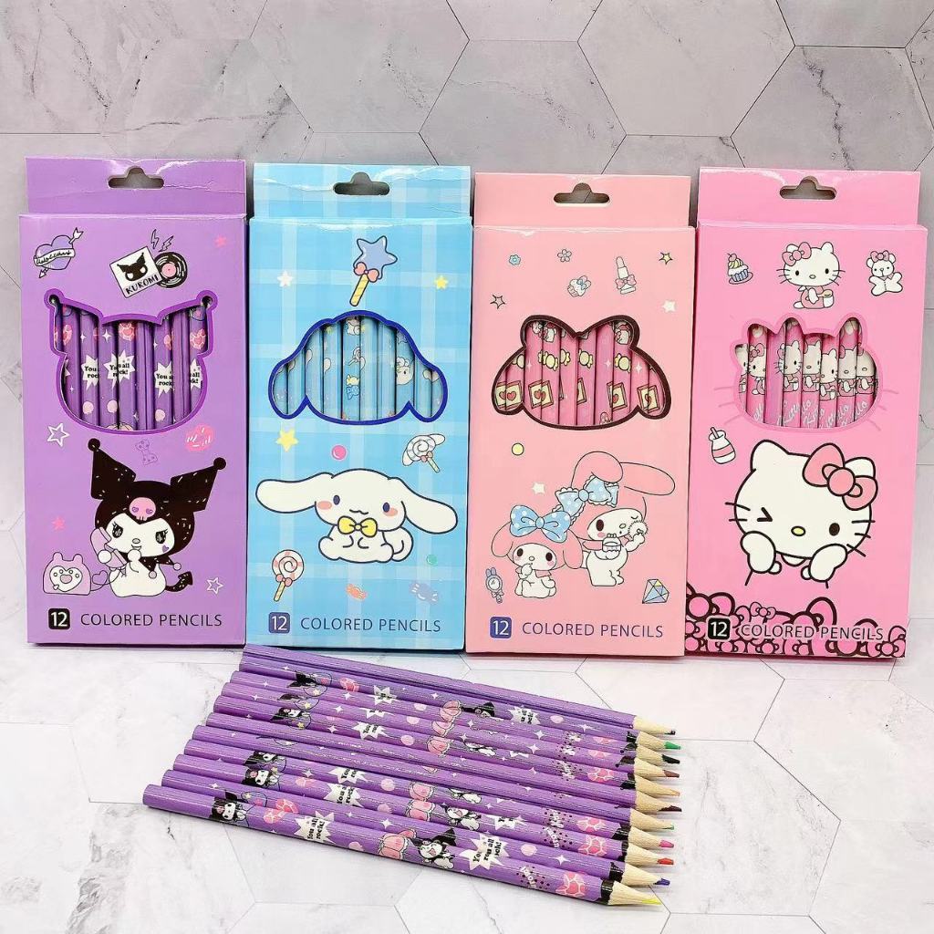 ดินสอสีไม้ ระบายสีลายการ์ตูน แพคมี 12 สี My Melody Kuromi Cinnamoroll
