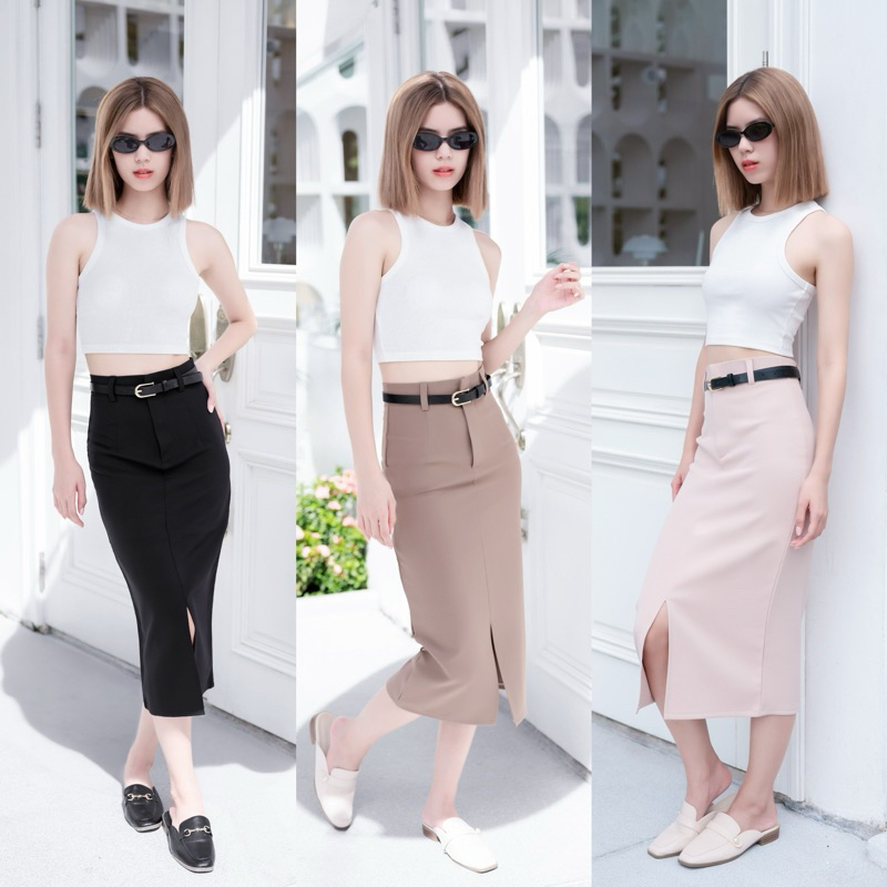 a Skirt กระโปรงเอวสูงผู้หญิงผ่าหน้าขนาด S-2XL