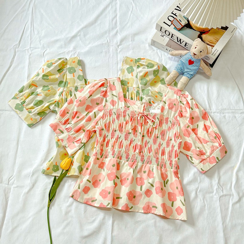 เสื้อคอเหลี่ยม สม๊อคอก ติดโบว์