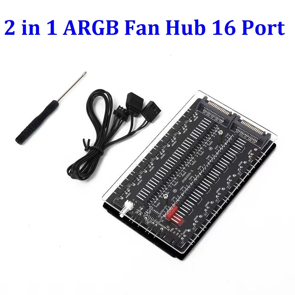 2 in 1 ARGB Fan Hub 4pin PWM + 3pin 5V 16 Port Dual SATA