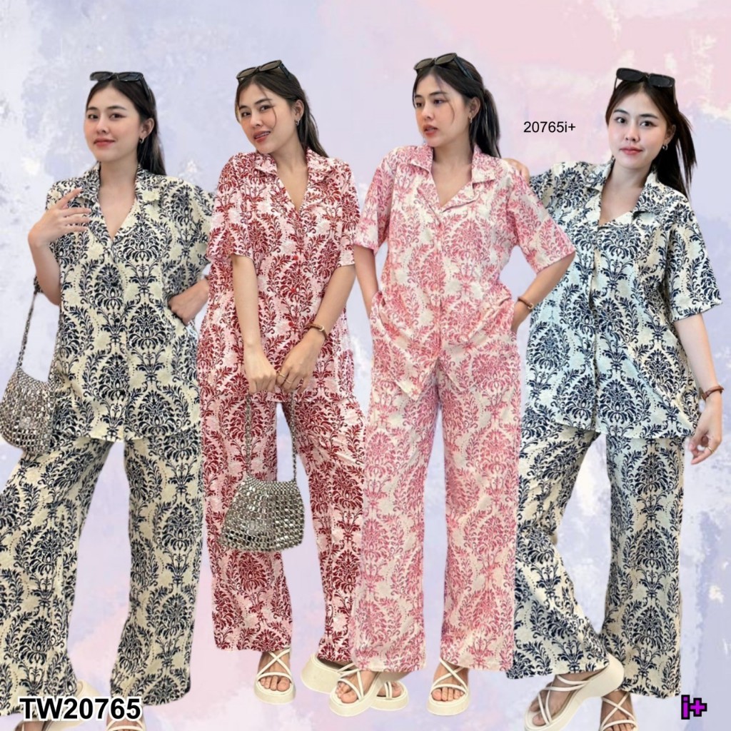 TwinsShopVip💗พร้อมส่ง TW20765 Set 2 ชิ้น เสื้อปกฮาวาย + กางเกงขายาว พิมพ์ลาย