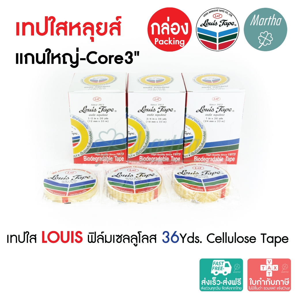 (แพ็คกล่อง) (แกนใหญ่) เทปใสหลุยส์ เทปใส LOUIS TAPE สก๊อตเทป ขนาด 1/2" 3/4" 1" นิ้ว ยาว 36หลา SALE