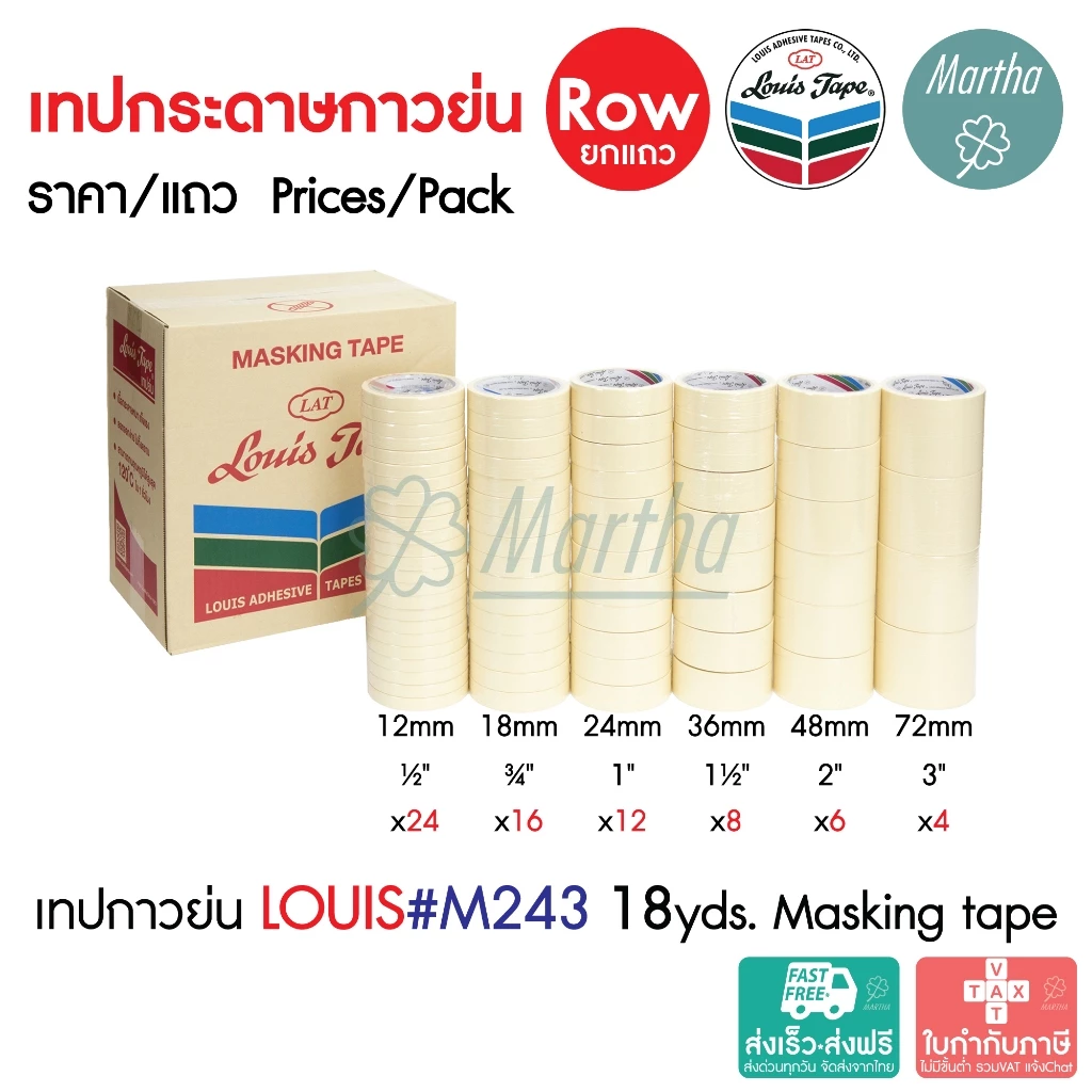 (ยกแถว) เทปย่น Louis Masking Tape M243 ยาว18หลา 1/2 3/4 1 1.5 2 3นิ้ว เทปกาวย่น กระดาษกาว เทปหนังไก่