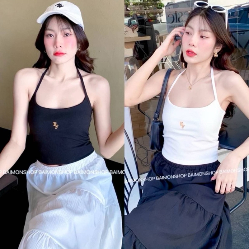 aimorn_shop เสื้อเกาะอกคล้องคอ งานปัก ใส่เข้ารูปกระชับหุ่น ผ้าร่องเล็ก นุ่มยืดใส่สบาย