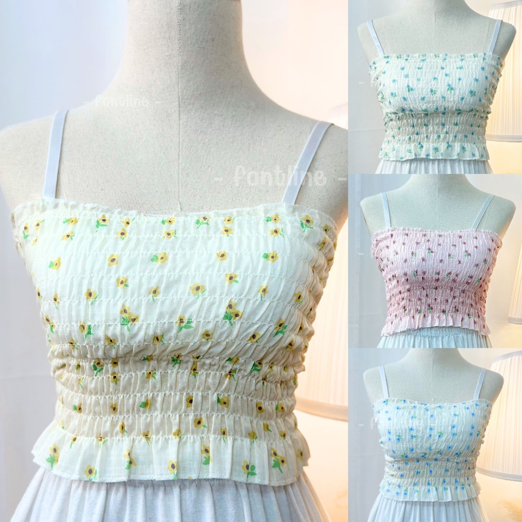 Winnie set ชุดเซ็ตเสื้อสายเดี่ยว สายปรับได้ มีบราในตัว ผ้าชีฟองใส่สบาย ลายดอกไม้น่ารัก มาพร้อมกับกระโปรงยาวทรงชั้น