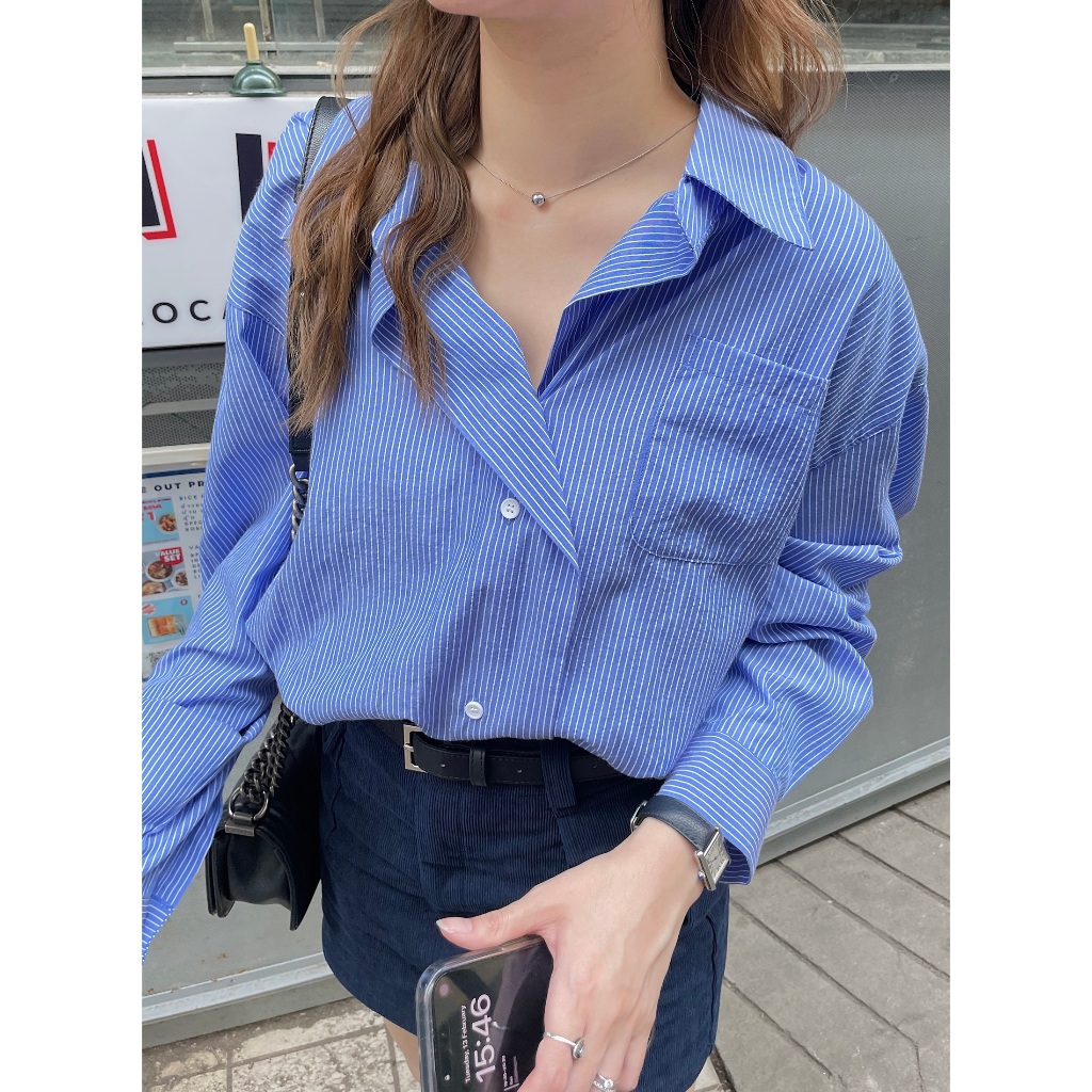 Dressupcornerr เสื้อเชิ้ตStripeดีเทลหน้า DCN01197