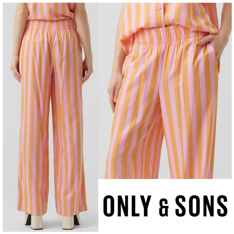 Wide Pants : Only & Sons กางเกงลายทางสีชมพูส้มผ้าลื่นลื่นใส่สบายมากค่ะ C27