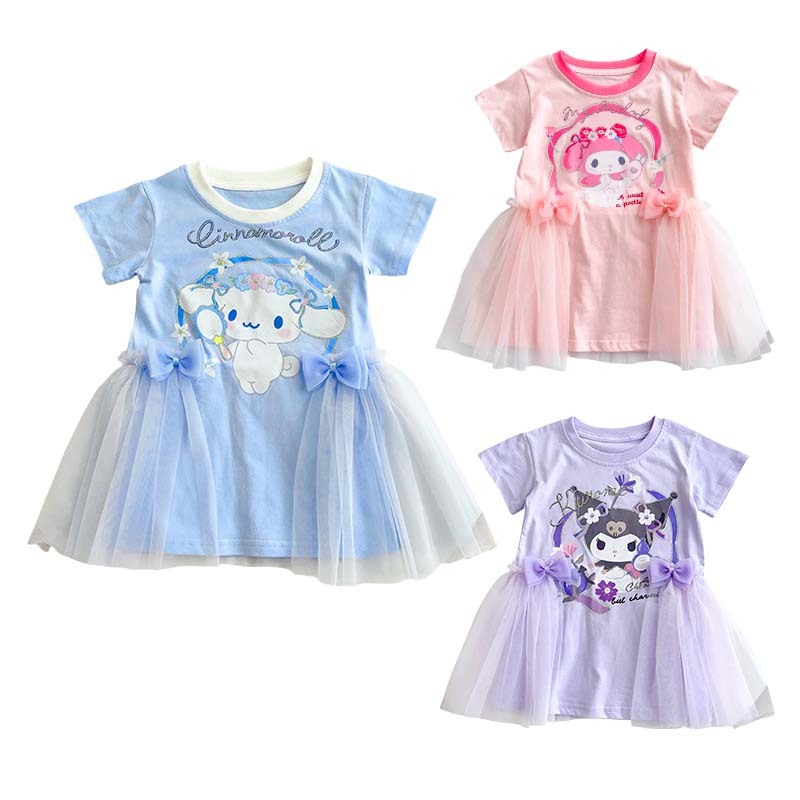 【พร้อมส่ง】ชุดเดรสกระโปรง ผ้าตาข่าย พิมพ์ลายการ์ตูนคุโรมิ สีรุ้ง แฟชั่นฤดูร้อน สําหรับเด็กผู้หญิง