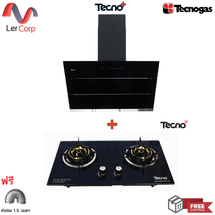 (Tecnogas) เครื่องดูดควันแบบกระโจม 90 ซม. TNP HD 90 SLOPE B + เตาแก๊ส 2 หัว ขนาด 71 ซม. TNS HB 207141 B ฟรีท่อลม 1.5 ม.