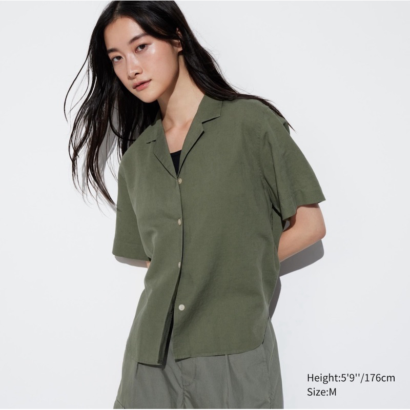 Uniqlo เสื้อเชิ้ตผู้หญิงแขนสั้น คอปก ผ้าลินินผสม