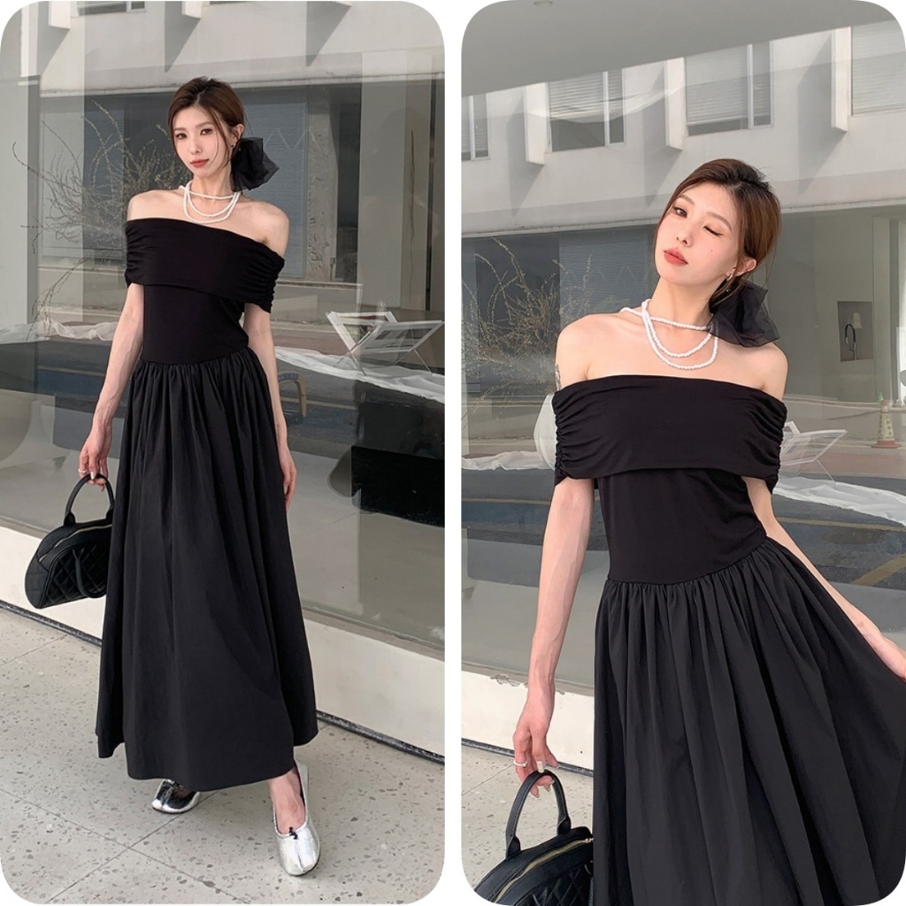 Beryl 🌻 ชุดเดรส 👗👗ฝรั่งเศสแสงสุกระดับไฮเอนด์เฮปเบิร์อารมณ์สไตล์ปิดไหล่สีดำกระโปรงยาวผู้หญิงฤดูร้อน