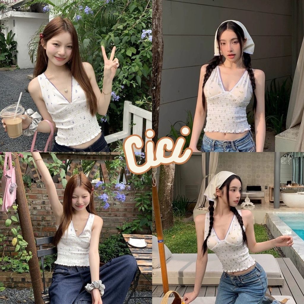 ส่งทันที Cici (NO. 1191) เสื้อแขนกุด คอวีผ่าเบาๆ ลายดอกไม้ตัดขอบ เอวสม็อกแต่งชายระบายมีฟองน้ำ สวย น่ารัก ใส่แล้วหุ่นสวย