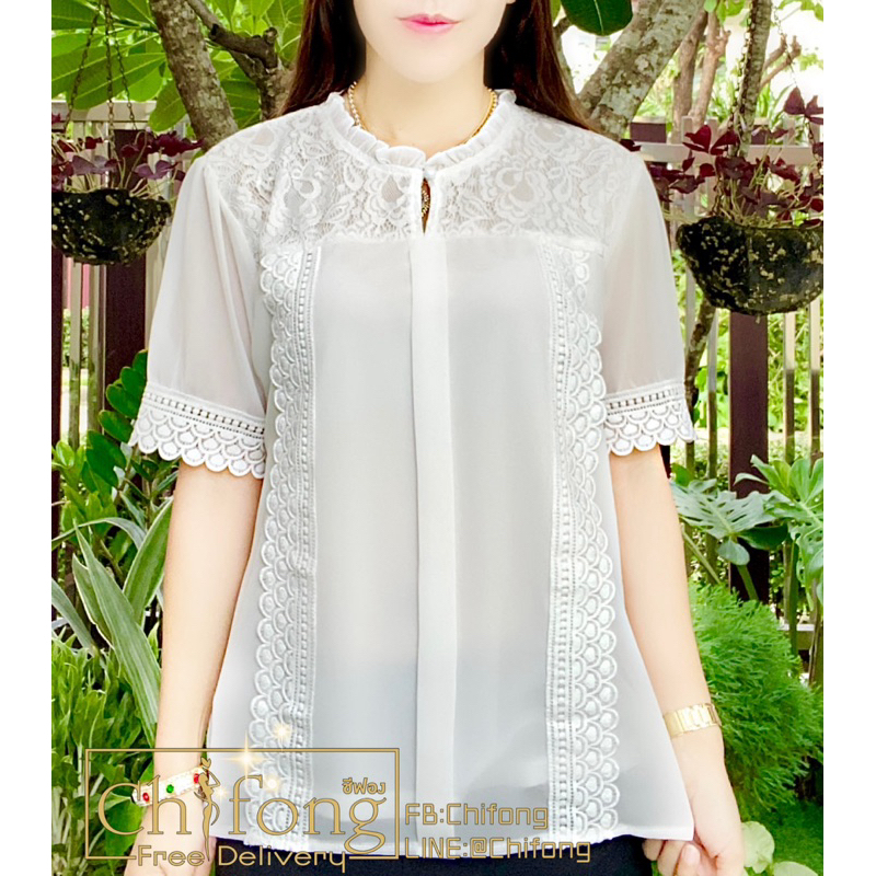 เสื้อชีฟองแขนสั้น เสื้อใส่เที่ยว แต่งลูกไม้สวยหรู