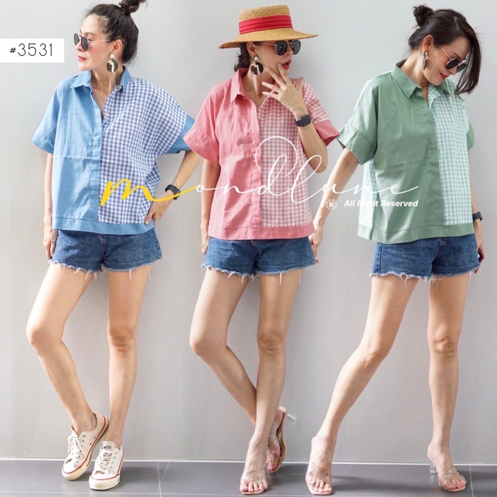 อย่าลืมแวะเข้ามาเก็บโค้ดส่วนลดกันนะคะ MondLuneCloth New arrivals Korea style Top เสื้อเฃิ๊ตคอปก Design เก๋ไก๋ ตัดเ