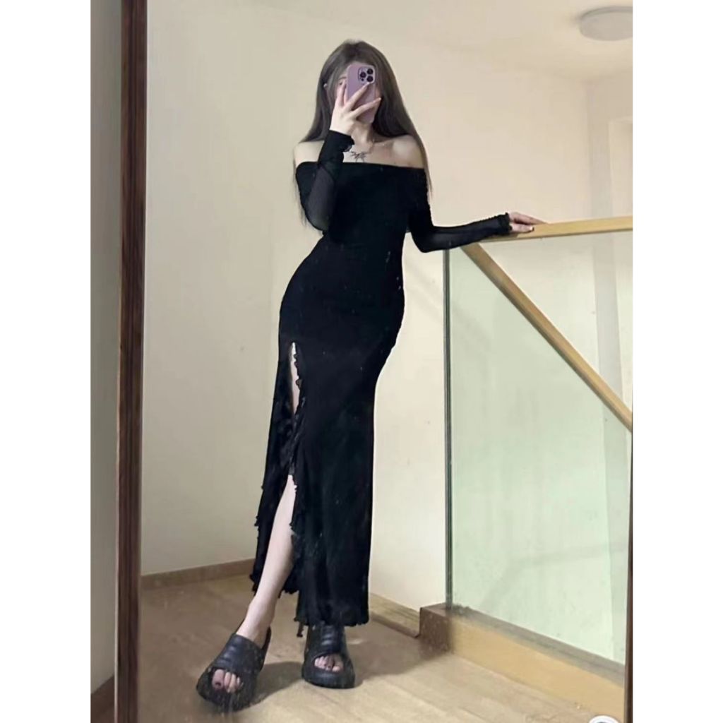 🌼ชุดเดรส,🌼2024 ใหม่กระโปรงยาว Babes แขนยาวบางชุดเอวสูงผิดปกติกรีด - รูปที่ 4