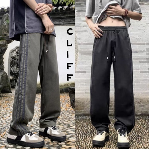 CLIFF กางเกงขายาวผู้ชาย กางเกงกีฬา กางเกงขาตรงลำลอง เดรปขอบลาย
