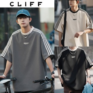CLIFF เสื้อยืดวาฟเฟิลด์ แขนสั้นผู้ชาย เสื้อลายทาง สไตล์อเมริ…