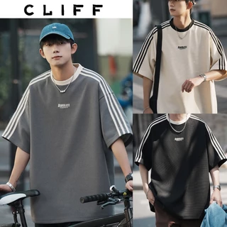 CLIFF เสื้อยืดวาฟเฟิลด์ แขนสั้นผู้ชาย เสื้อลายทาง สไตล์อเมริกันวินเทจ