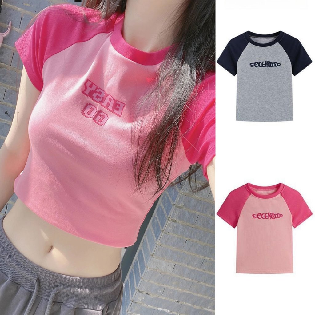 Dreehalo เสื้อยืดสตรีสไตล์อเมริกันย้อนยุค เปลือยสะดือ สั้นทรงเข้ารูป ผ้ายืด สวมใส่สบาย เสื้อ เสื้อยืด T-shirt
