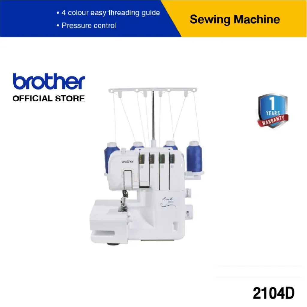 Brother จักรโพ้ง รุ่น 2104D เป็นจักรสำหรับสำหรับเก็บริมผ้า ระบบการร้อยด้ายแบบ 4 สี