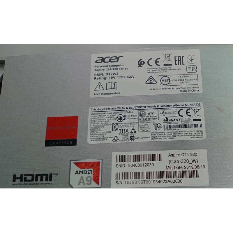 มือสอง คอม All in one เอเซอร์ (Acer) Aspire C24-320 หน้าจอ 24“ จอแตก-หม้อแปลงชำรุด วันที่ผลิต 2019/0