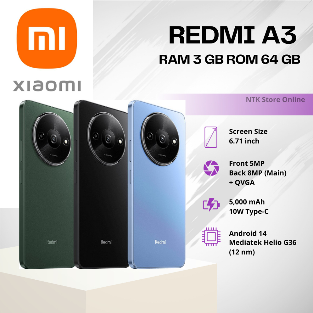 โทรศัพท์มือถือ Xiaomi Redmi A3 หน้าจอ 6.71 นิ้ว Ram 3GB/Rom 64GB รับประกันศูนย์ 1 ปี