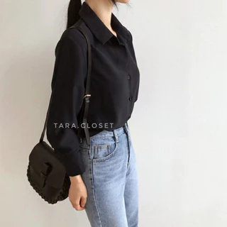 IT022 TARA Shirt Black เสื้อเชิ้ตสีดำคอปก แขนยาว สีคลาสสิค ใส่ได้ตลอด ผ้าไหมอิตาลี ผ้าใส่สบาย ไม่ร้อน