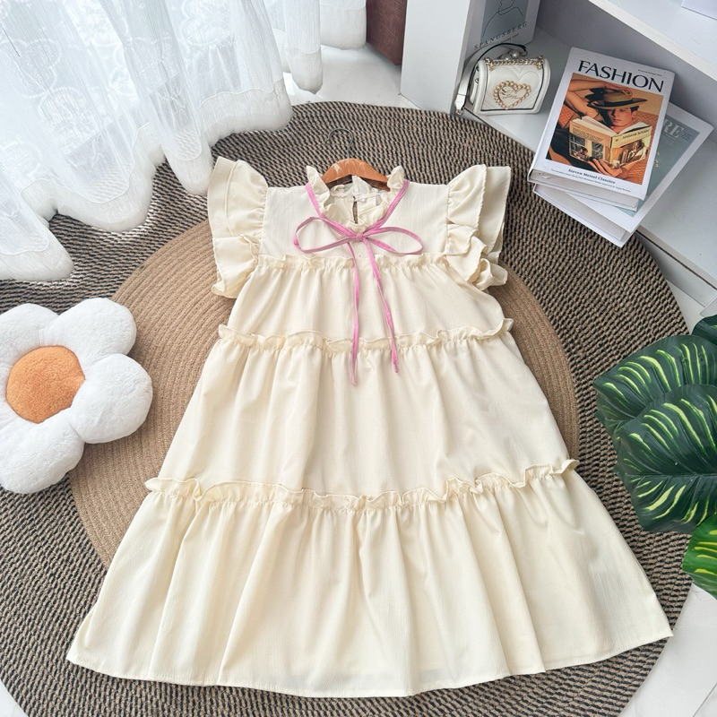 Dress ผูกโบว์แขนระบายชั้นทรงปล่อย ( B-01 )